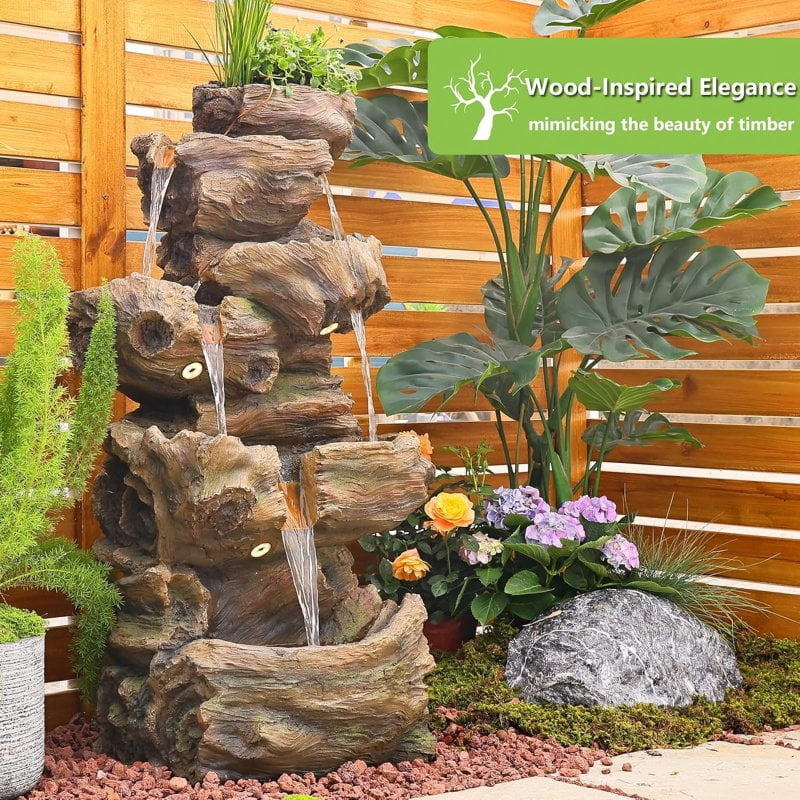 5-Tier Outdoor Rock Waterfall Fountain with LED Lights, Large Cascading Garden Water Feature for Patio, Porch, Yard