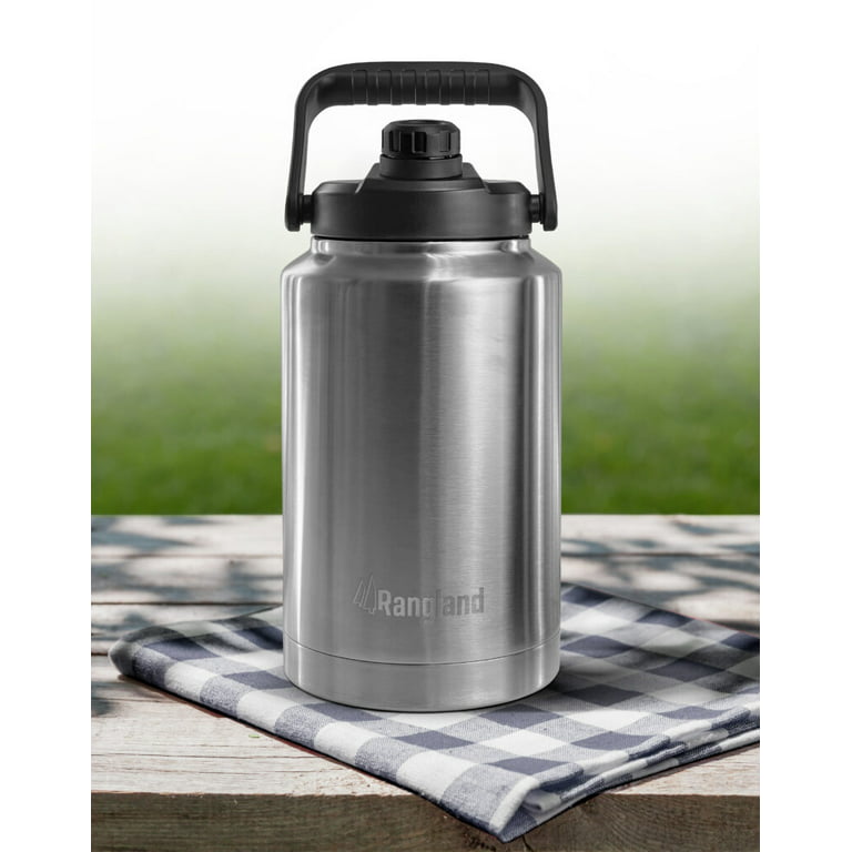 Rangland 1 Gallon Water Bottle with Insulated Storage Sleeve, 128 oz Stainless Steel Growler for Hot/Cold Drinks for Sports and Outdoors, Gray