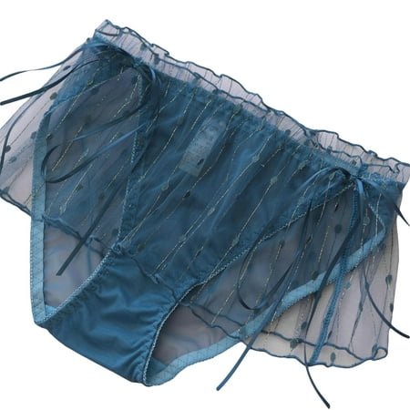 Osdhezcn Japanese Women Erotic Sheer Mesh Panties Low Rise Ruffles Lace Shiny Stripes Briefs Underwear Lolita Princess Ribbon Bowknot Lingerie Thong