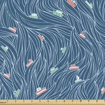 Ambesonne Nature Fabric by the Yard Upholstery, Waves and Ships Cartoon, 1 Yard, Petrol Blue Jade Green