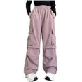 thumbnail image 2 of fnnxnal Girls' Pink Cargo Pants - 5T, Nylon-Spandex Blend, Elastic Waist, Multiple Pockets, Loose Wide-Leg, Casual for School/Outdoor Play, Fits 5-Year-Old Little Girls, 2 of 5