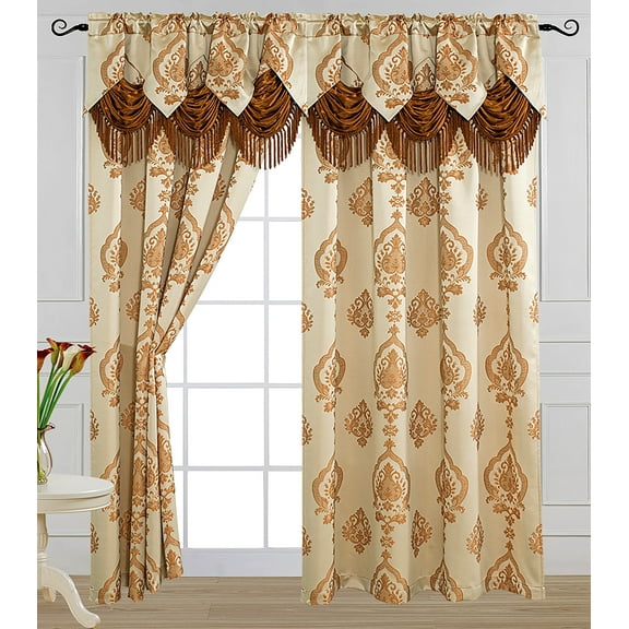 Luxury Jacquard Curtain Panel with Attached Waterfall Valance, 54 by 84-Inch ALEXA Dark Beige (2-Panels)