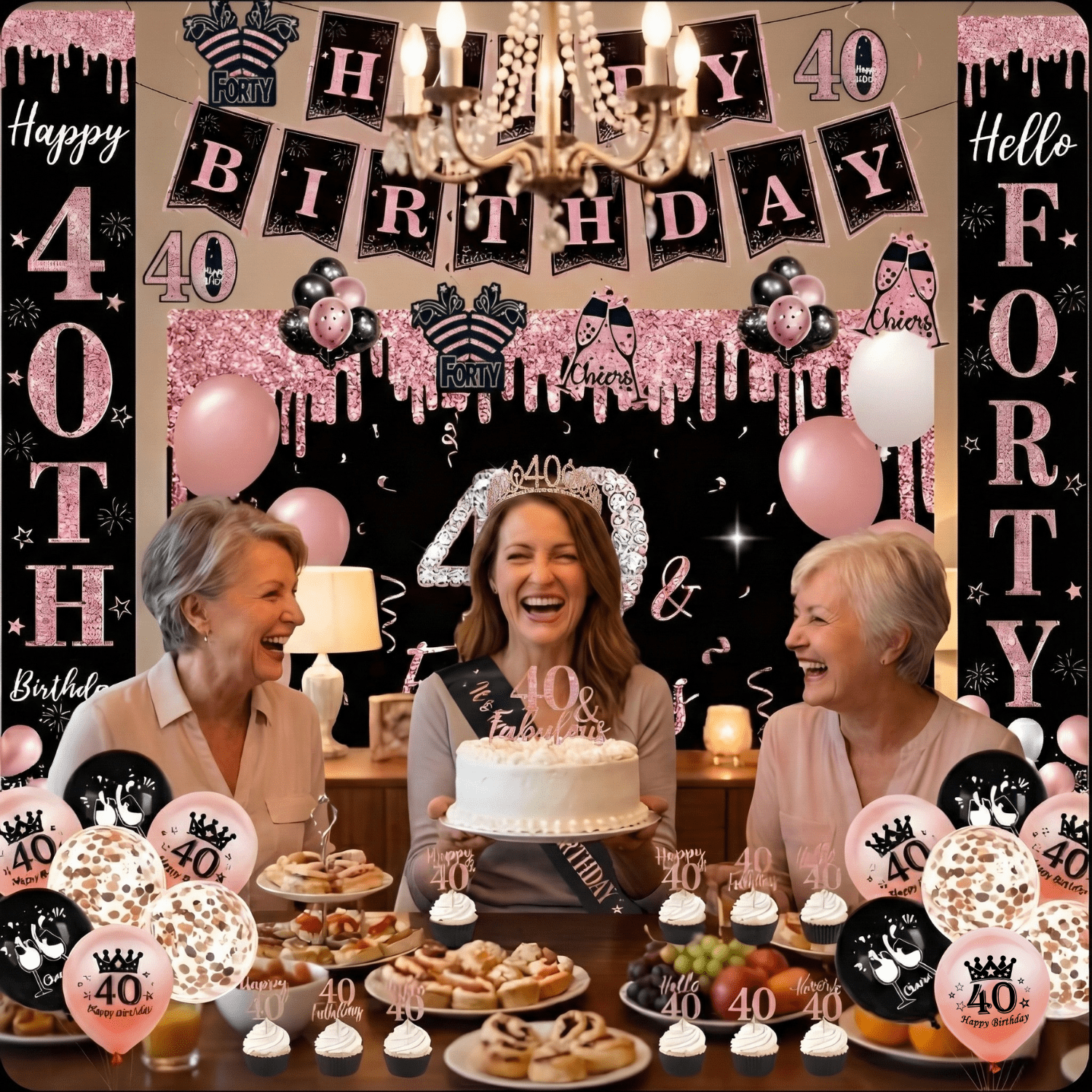 Happy Greetings 40th Birthday Party Decorations Kit Rose Gold Black for Women 45 Pieces