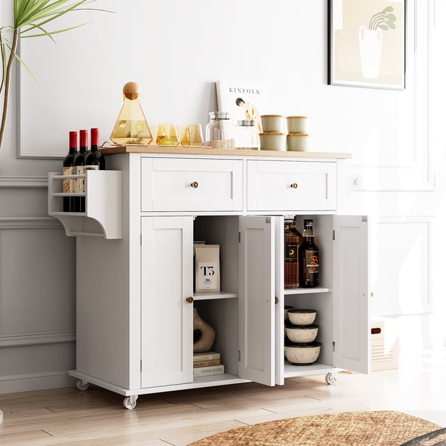 EDTara Rolling Kitchen Island Cart, 43" With Ample Cabinet Space, Drawers, Spice Rack, and Wine Storage