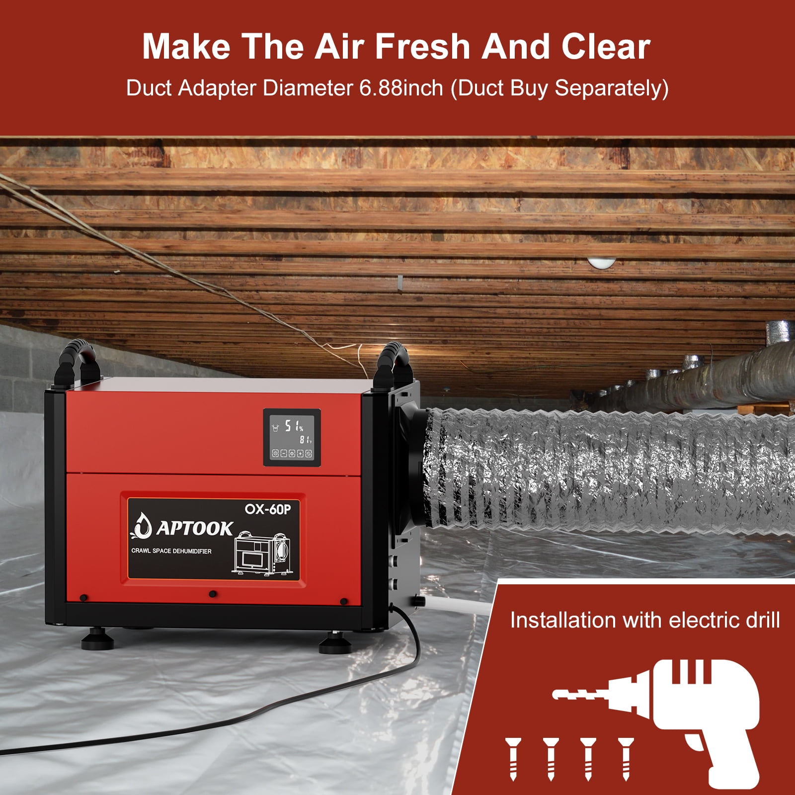 110 Pint Commercial Dehumidifier with Drain Hose for Crawl Spaces, Basements, Industry Water Damage Unit, Large Capacity, Compact, Portable, Auto Defrost, Memory Starting（Red)