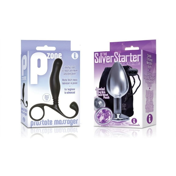 Sexy Gift Set Bundle of P Zone Prostate Massager and Icon Brands The Silver Starter, Bejeweled Stainless Steel Plug, Violet