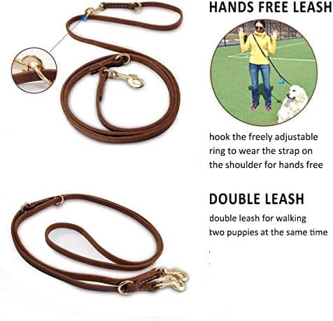 Multi Function 8ft Leather Dog Leash, Genuine Leather Leash Hands Free Dog Training Leashes for Medium and Large Dogs (8 Foot*5/8 inch, Brown)