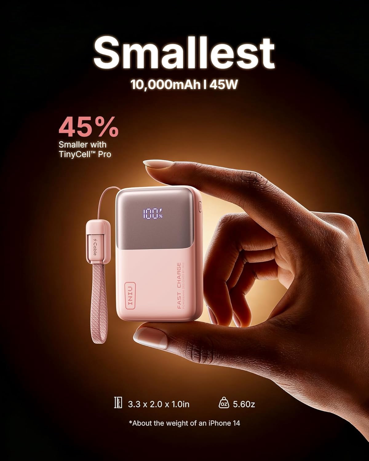 INIU Portable Charger, Ultra Mini 10000mAh 45W Fast Charging with Detachable Cable, Flight-Safe Travel USB C Power Bank for iPhone 17 16 Samsung S26, Google Pixel iPad etc, Pink