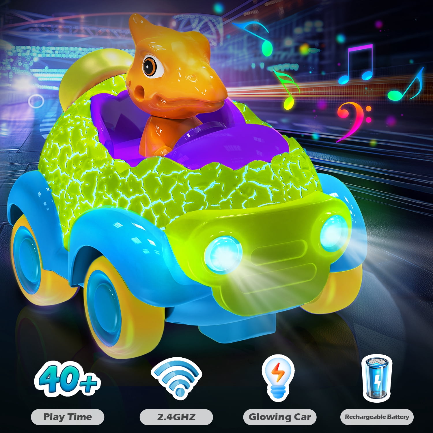 UQN Remote Control Car for Toddlers, Rechargeable Dinosaur Chasers RC Cars for Toddler Toys, with Lights & Music, Christmas Kids Gift for Ages 2 3 4 5 6 Year Old Boys Girls, Green