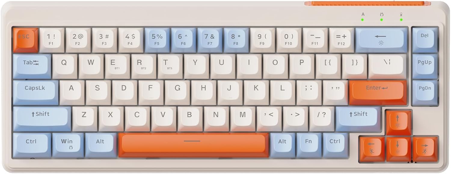 MANBASNAKE M68 65% Wireless Gaming Keyboard, QWERTY Layout, BT/2.4G/Wired Silent Membrane Keyboard, Rainbow Backlit 67 Keys PBT Keycaps, 2000mAh Portable for Gamer/Office - Blue