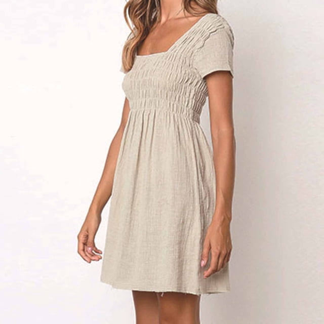 Mefallenssiah Femmes Été Casual Manches Courtes Col Carré Robes Robe de Ride Mince