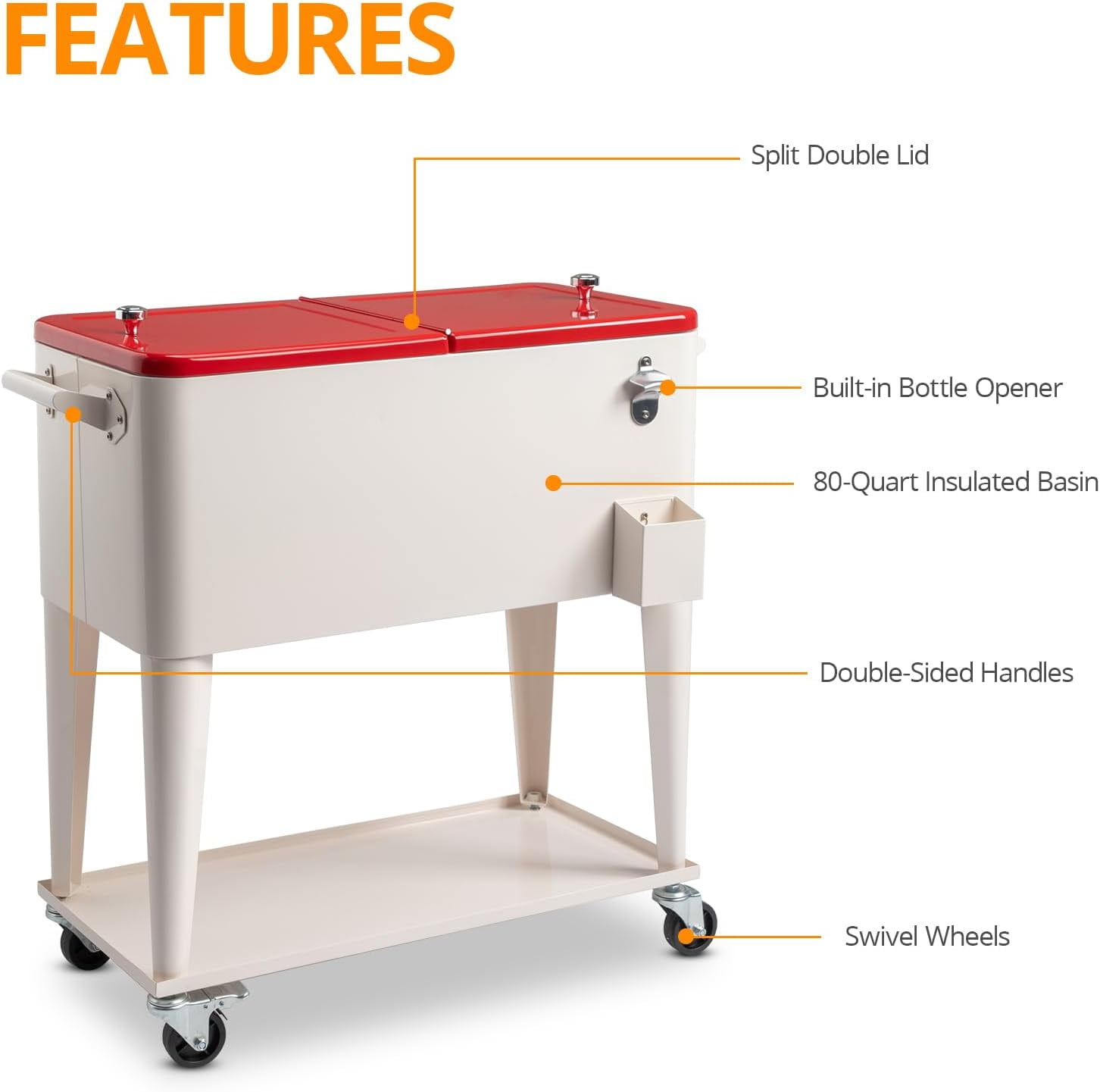 80 Quart Rolling Ice Chest, Portable Bar Drink Cooler with Catch Basin, Bottom Storage Tray and Bottle Opener for Patio Party BBQ Beach Activities