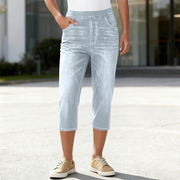 TaTaai Women's Faux Denim Capris for Women Solid Color Elastic Waist Slim Fit Cropped Jeggings with Pockets for Summer Daily Gift