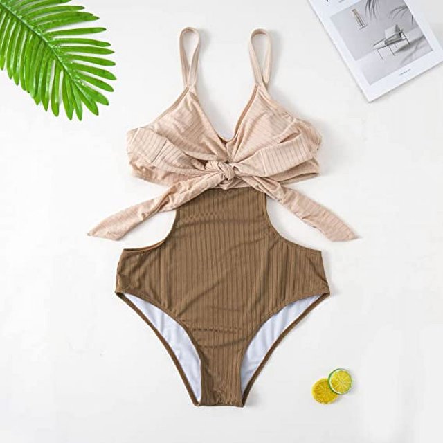 1 pieza (albaricoque, XXL) Girasol para mujer, falda pareo de playa, Bikini con parte superior acanalada, traje de baño de talla grande para mujer, traje de baño con parte inferior alta, bandeau acanalado, traje de baño con parte inferior enrollada oso de fresa Electrónica
