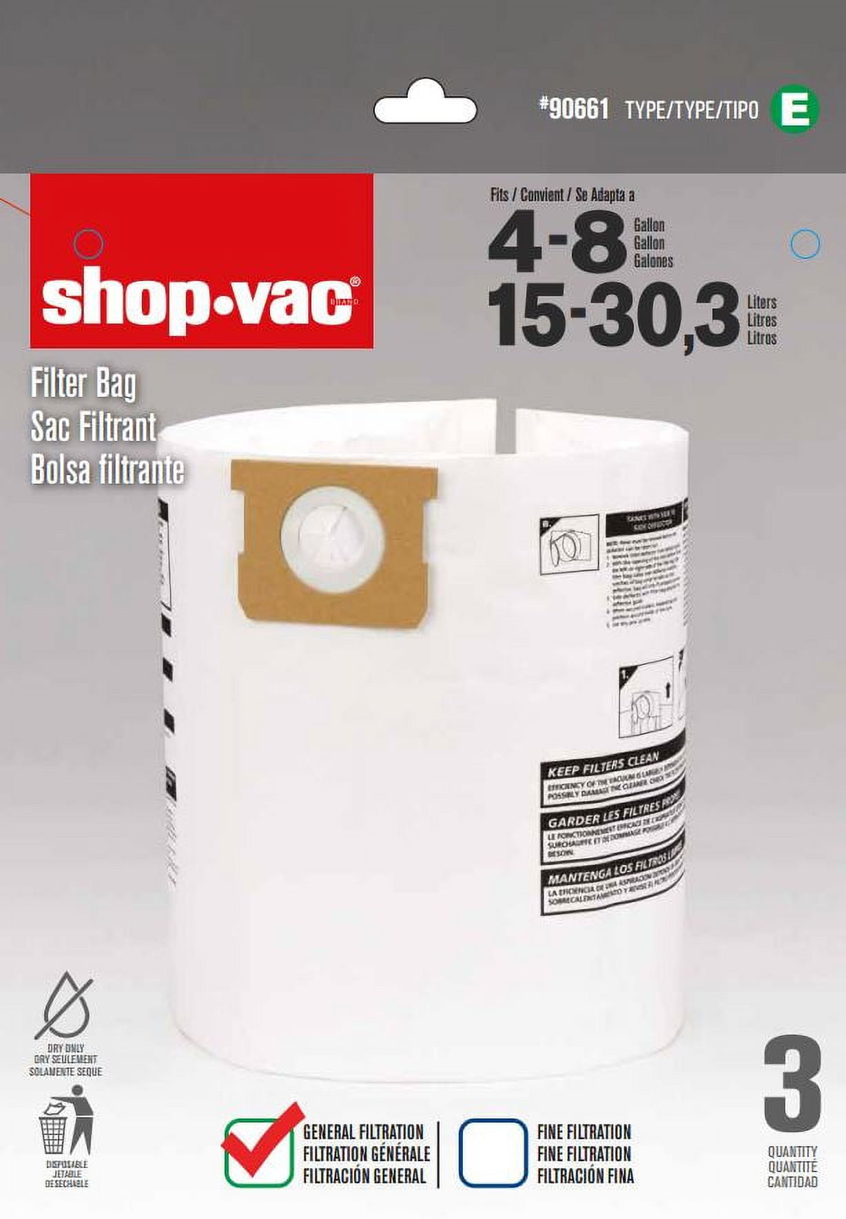 Shop-Vac 5-8 Gallon Disposable Filter Bags, 3-Pack, Type E