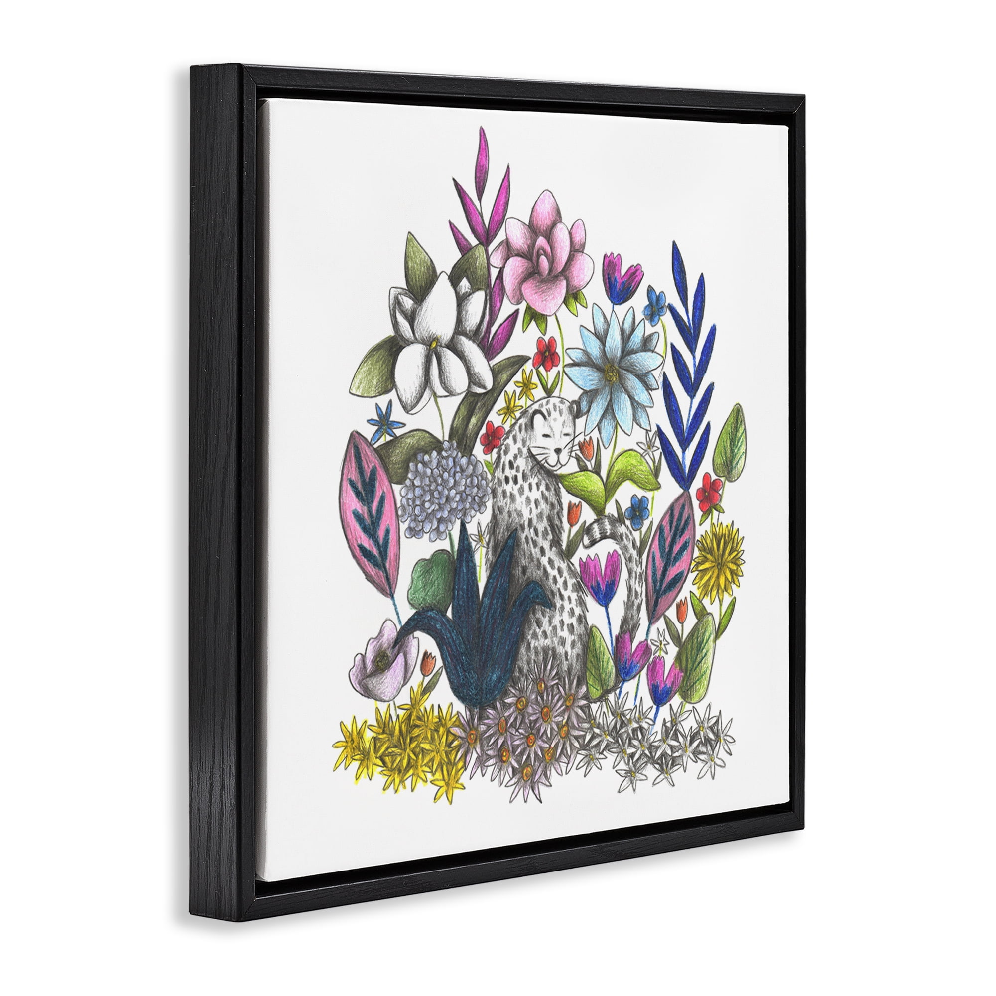 Leopard in Midst of Flowers Black Framed Floater Canvas Wall Art, design by Cecilia Battaini