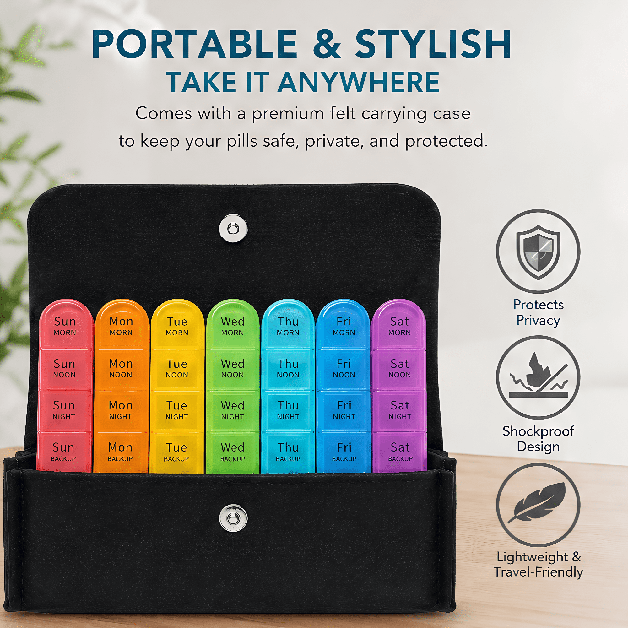 Felt Pouch Pill Organizer 7 Day, 4-Times-a-Day Pill Case, Compact Vitamin Box with Snap Closure for Everyday Carry