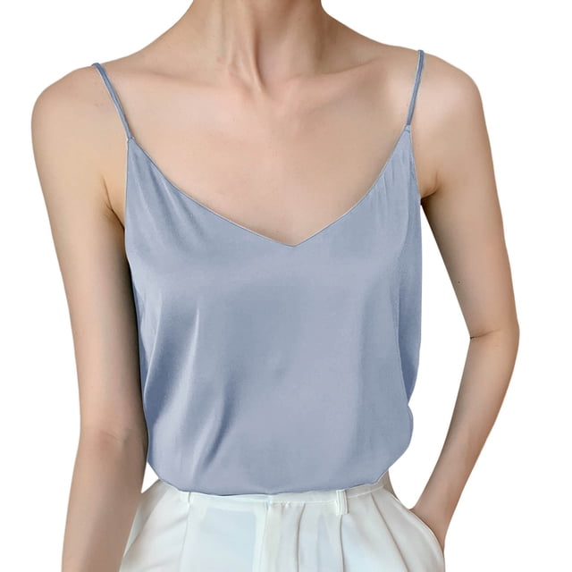 HNMKIU Débardeur Femme Col en V Sans Manches en Satin