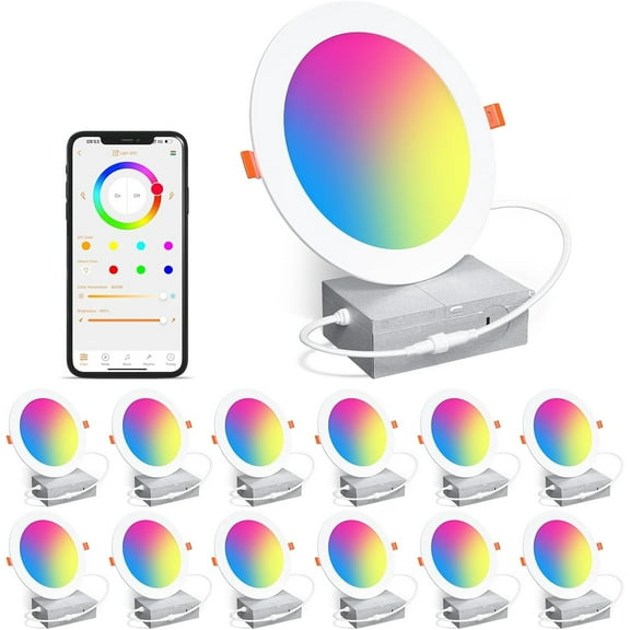 Smart Recessed Lighting 6 Inch RGBCW Color Changing 16W LED Downlight with Junction Box,1350 Lumen Recessed Ceiling Light Compatible with Alexa,Dimmable by Bluetooth Control -12Pack