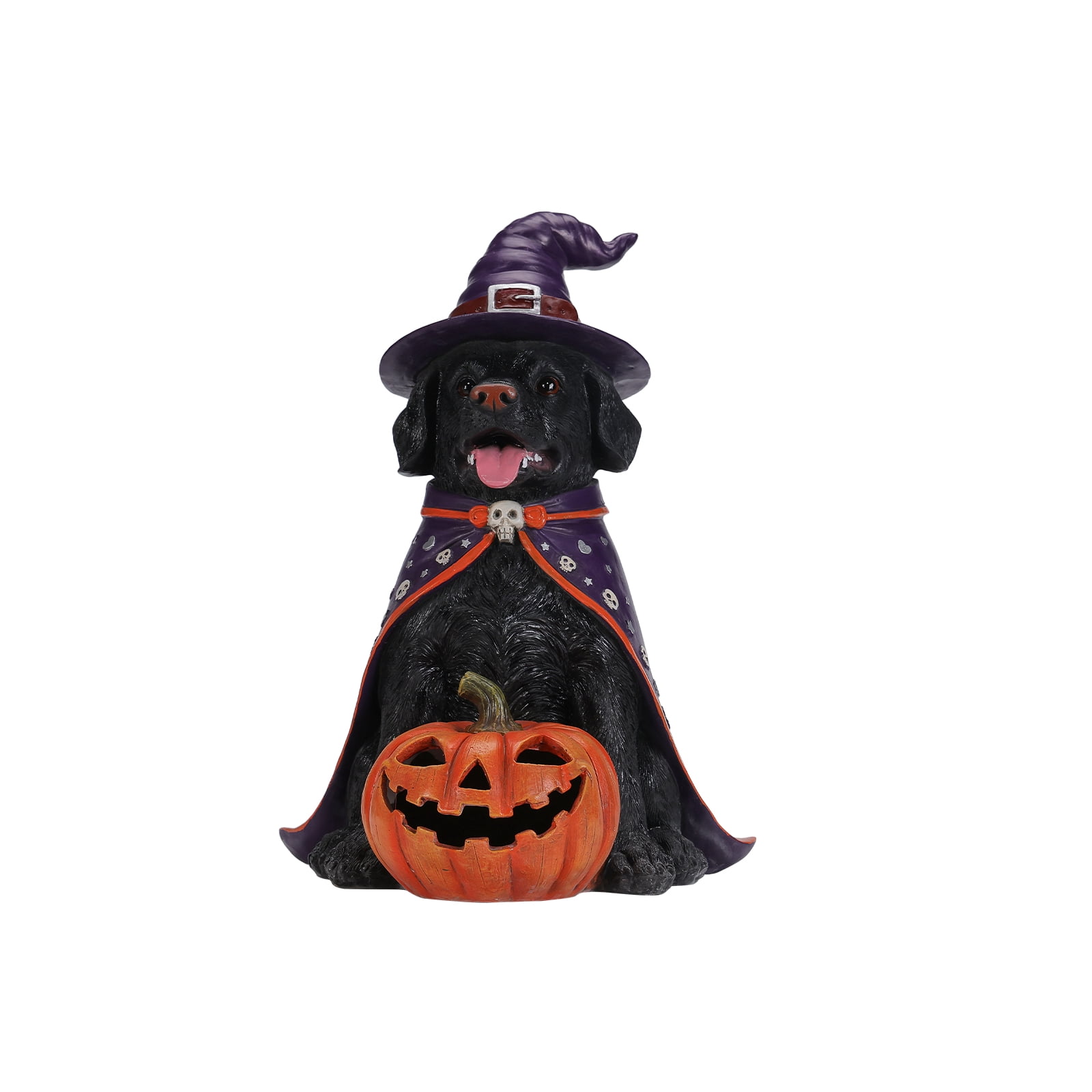 Black Labrador Witch Halloween Statue, LED Light-Up Pumpkin, Resin Sculpture, Seasonal Decor