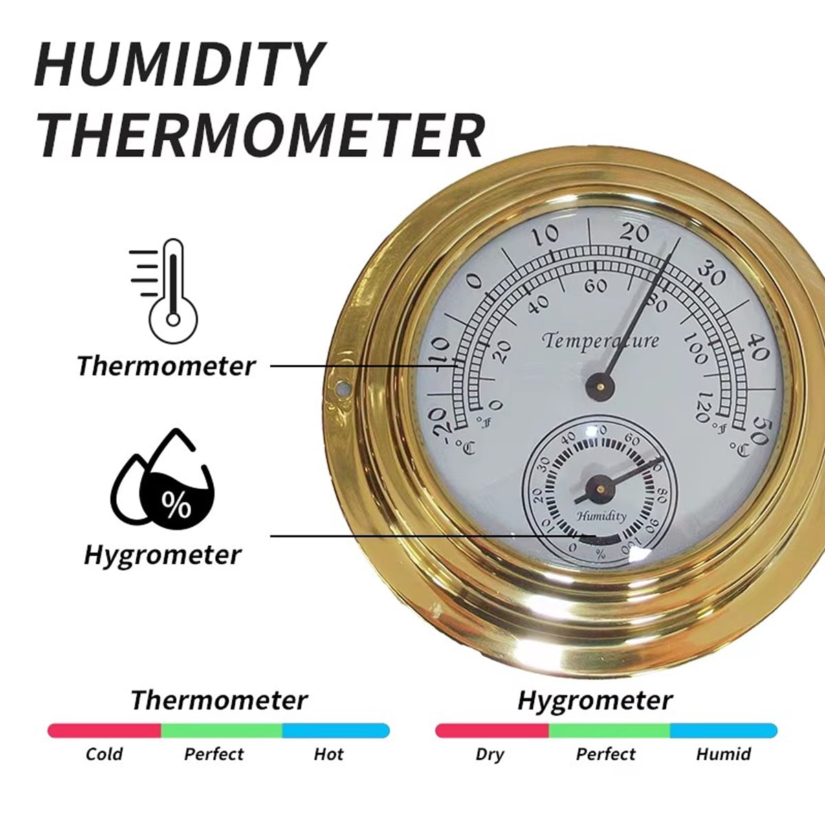 4-inch Dial Retro Brass Case Thermometer Hygrometer 0°F - 120°F Indoor Outdoor Wall Mounted Humidity Meter