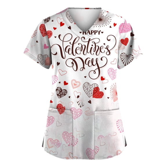 Hearthz S-5XL Valentine Scrubs for Women Love Heart Graphic Scrubs Tops for Women V Neck Short Sleeve Nurse Working Uniforms with Pocket
