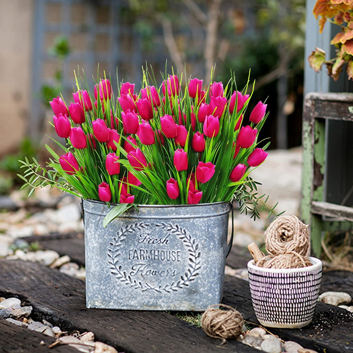 Outdoor Artificial Tulips Fake Flowers UV Resistant Faux Plastic Greenery Shrubs Plants for Home Outside Garden Porch Window Farmhouse Decor (Rose Red)