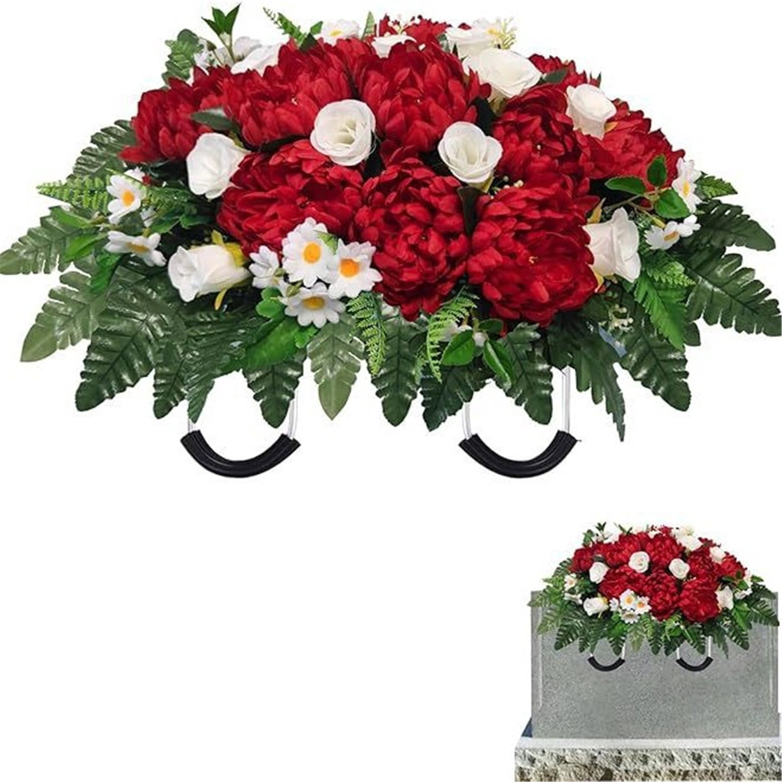 Headstone Flowers Artificial Cemetery Saddle Red Roses Chrysanthemums 28.5x22in Memorial Grave Decoration Mothers Day Remembrance Floral