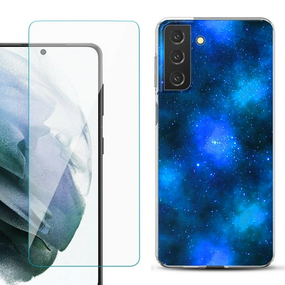Slim-Fit TPU Fashion Phone Case for Samsung Galaxy S21 FE 5G Fan Edition, with Tempered Glass Screen Protector, by OneToughShield ® - Cosmos/Stars