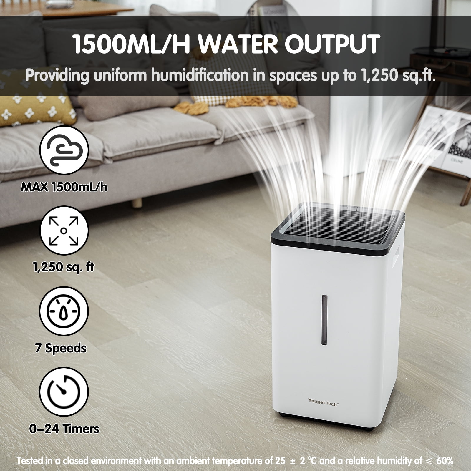 YougetTech Evaporative Humidifiers for Large Living Space, 6.5L(1.8Gal) Tank Whole Room Humidifier, 30W Cool No Mist Humidifiers, 7 Speed, MAX Output 1500ml/h, Auto Humid, Top Filling