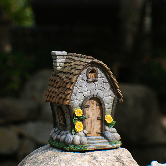 Zayton Solar Resin Stone Fairy House, Waterproof Fade Resistant Outdoor Garden Cottage Decor for Patio Lawn Landscape