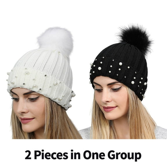 TELOLY 2 Pcs Womens Hats,Turning Edge Wool Knitting Beanie,Soft and Cozy Womens Hat,White,Black