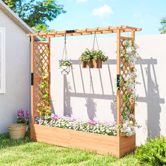 Outsunny Raised Garden Bed with Trellis, Wooden Planter Box with Hanging Roof, Drainage Holes for Vegetables Herbs and Flowers, 77.2" x 17.3" x 71.3"