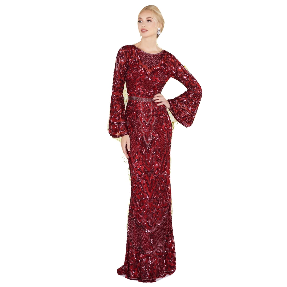 mac duggal sequin bell sleeve gown