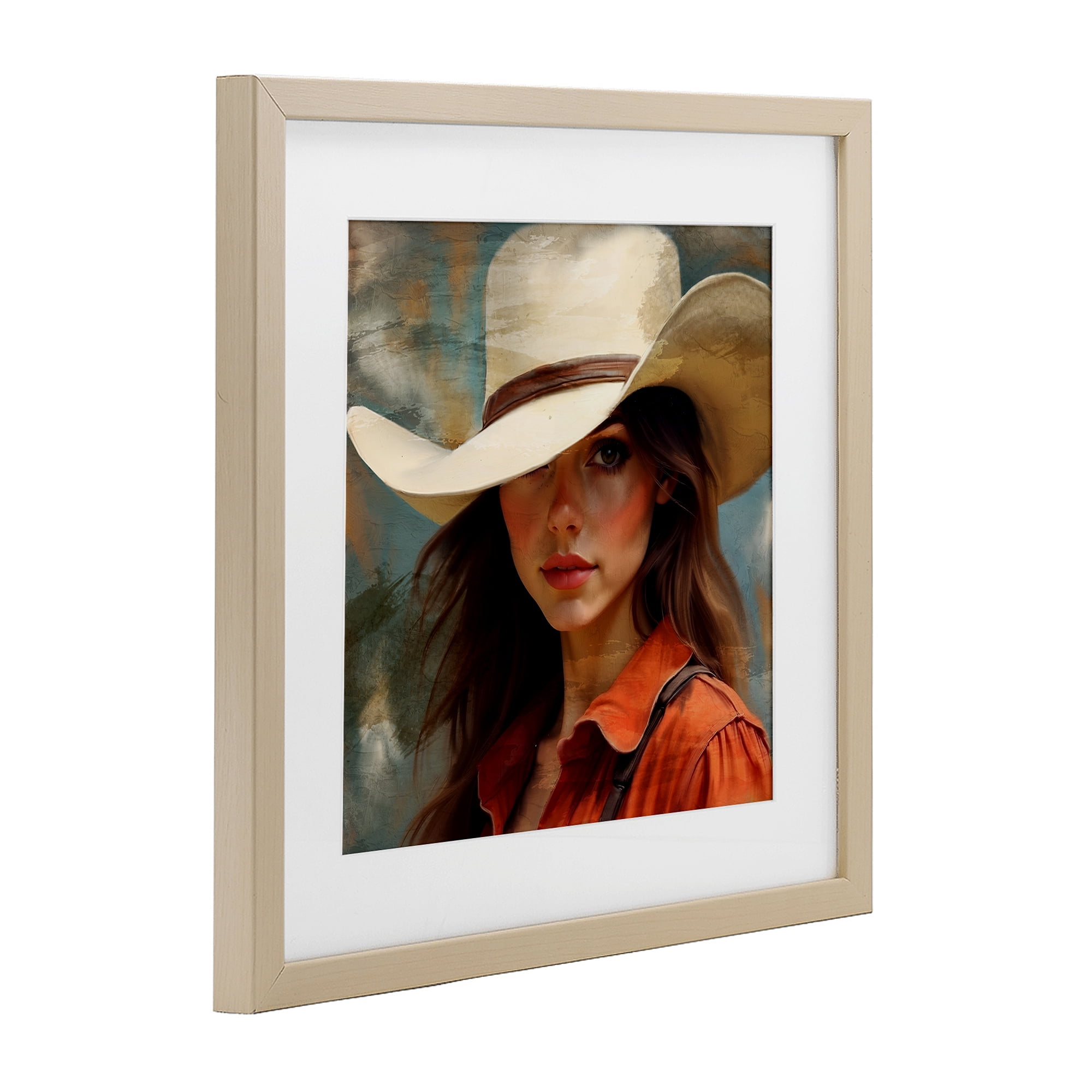 Cowgirl Gaze Beneath Hat Birch Framed Print Under Glass, design by Kim Allen