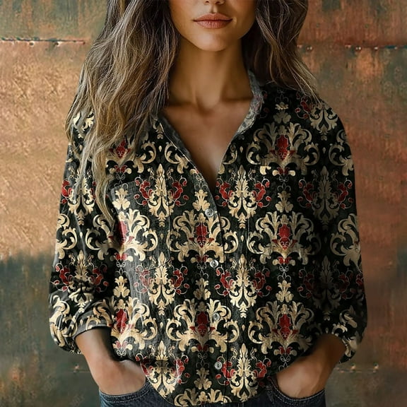 Black Young Adult Tops Women Cotton Shirt Printed Fashion Button Down Shirts Casual Tops Long Sleeve Blouse Plus Size Tops for Women