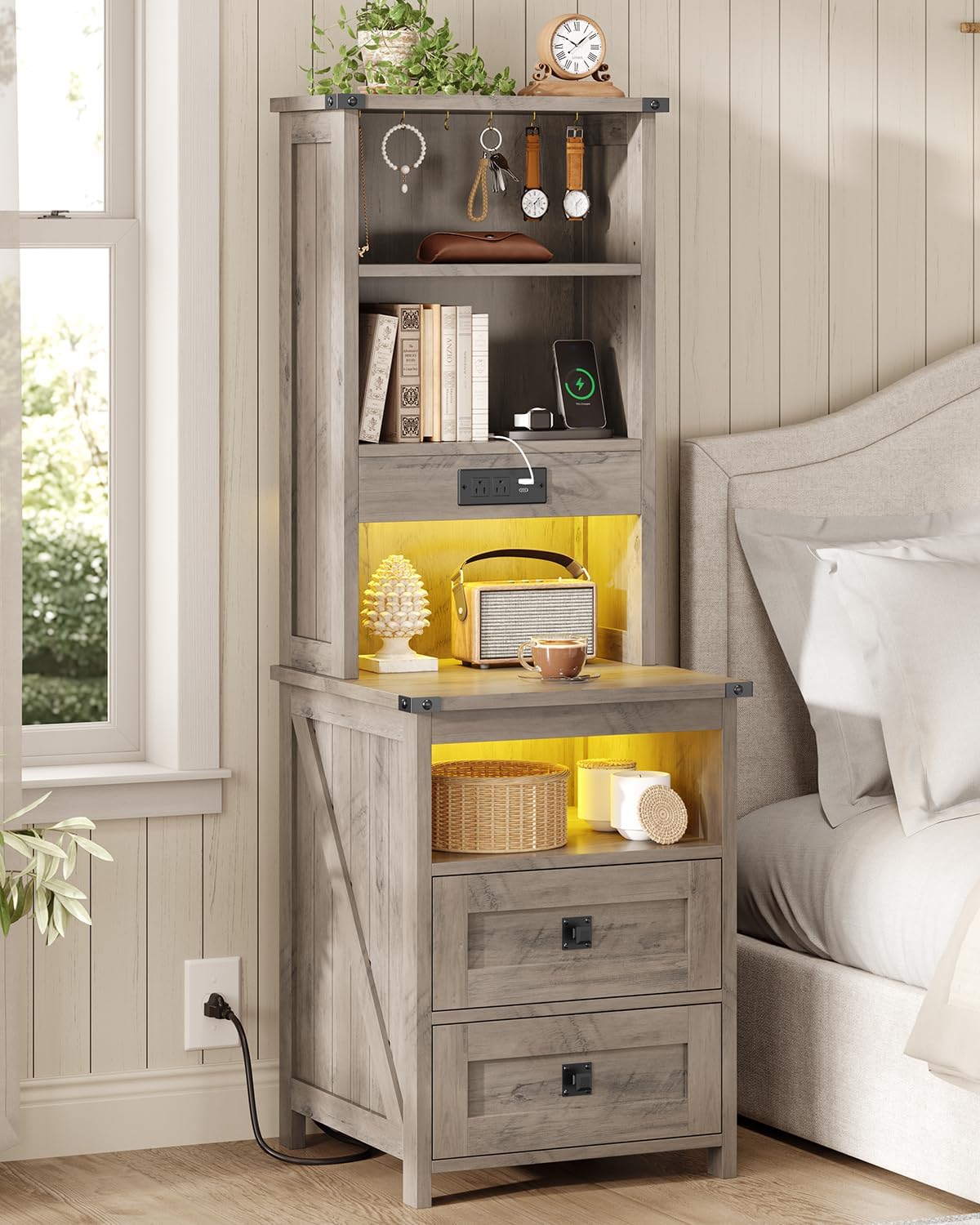 Farmhouse 51.6'' Tall Nightstand with Charging Station and LED Lights, Bed Side Table with 2 Drawers and Bookshelf & 6 Hooks, Easy to Assembly, Gray