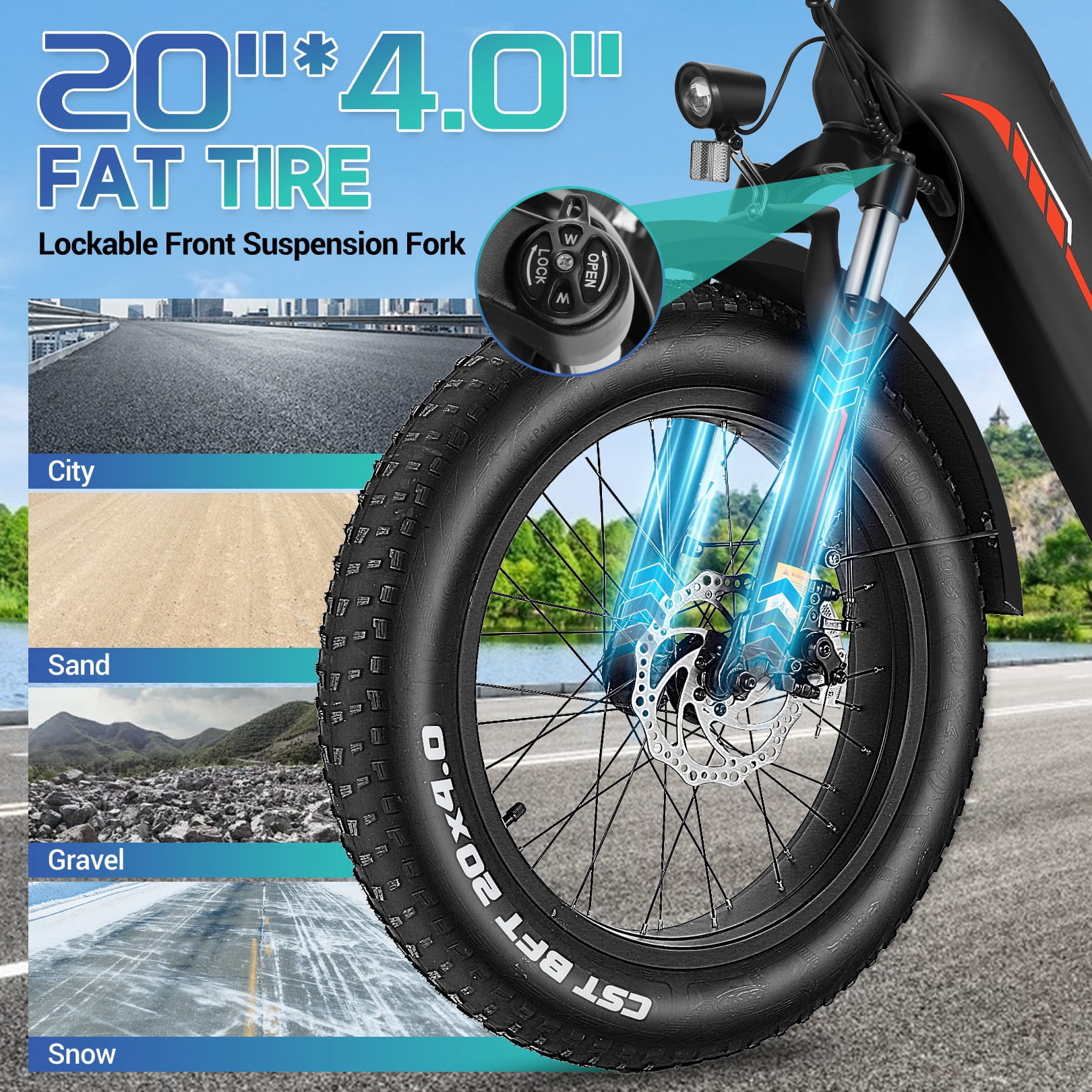 Elifine 500W Peak 1025W Electric Bike for Adults 20"x4" Fat Tire Shimano 7 Speed Ebike UL2849 Red