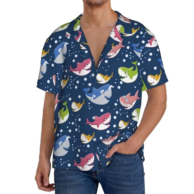 Fotbe Colorful Cartoon Shark Camisa Estampada de Manga Corta para Hombre, Casual de Verano, Estilo Playero, Sin Arrugas-Large