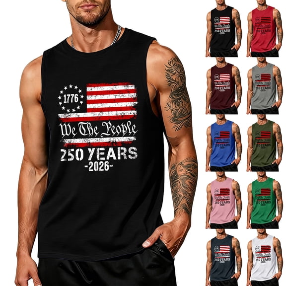 Men's America 250 Years Tank Top with Patriotic Flag Graphic and Sleeveless Design Featuring Vintage Distressed Print for Independence Day 2026 Army Green L