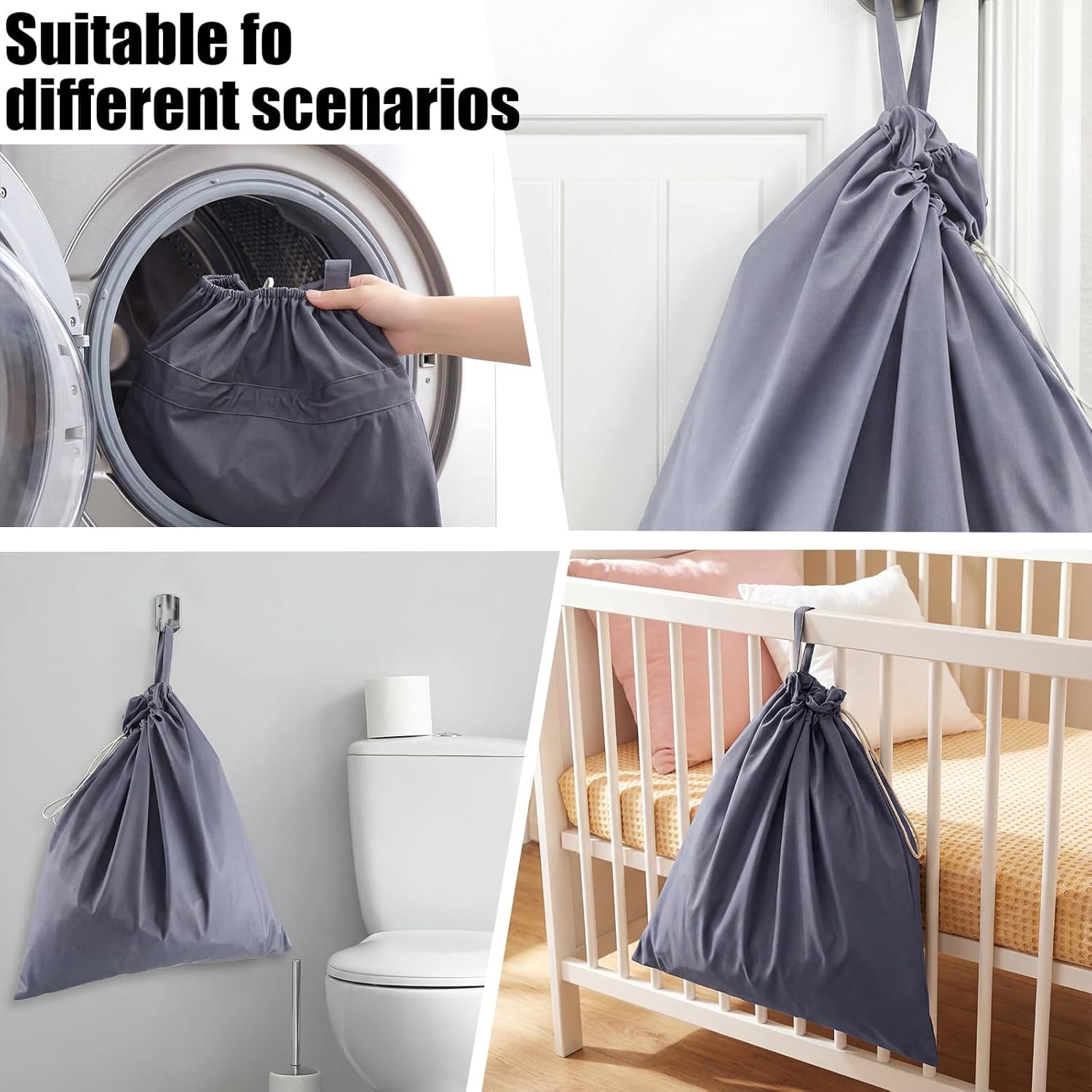 2 Pack Reusable Cloth Diaper Pail Liner Bags, Hangable Pail Liner with Strap, Reusable Laundry Bag Waterproof Pouch for Cloth Diaper, Laundry and Garbage, Grey & White