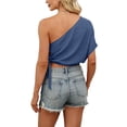 thumbnail image 5 of Women's One Shoulder Tops Short Sleeve Crop Top with Tie Side Textured Breathable Summer Blouse Navy M, 5 of 7