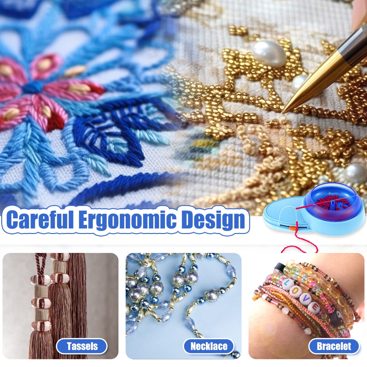 Electric Bead Spinner Battery Operated Beading Bowl Spinner Kit Adjustable Direction Spin Bead Loader with Curved Beading Needles String 3 Bowls Automatic Bead Spinner for Bracelets Jewelry