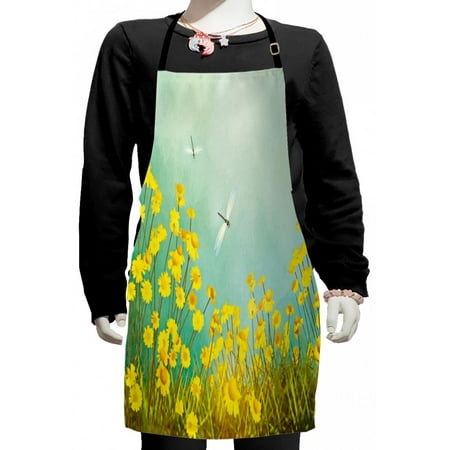 

Dragonfly Kids Apron Flourishing Landscape with Daisies on Grass and Dragonflies in the Air Boys Girls Apron Bib with Adjustable Ties for Cooking Baking Painting Green Yellow by Ambesonne