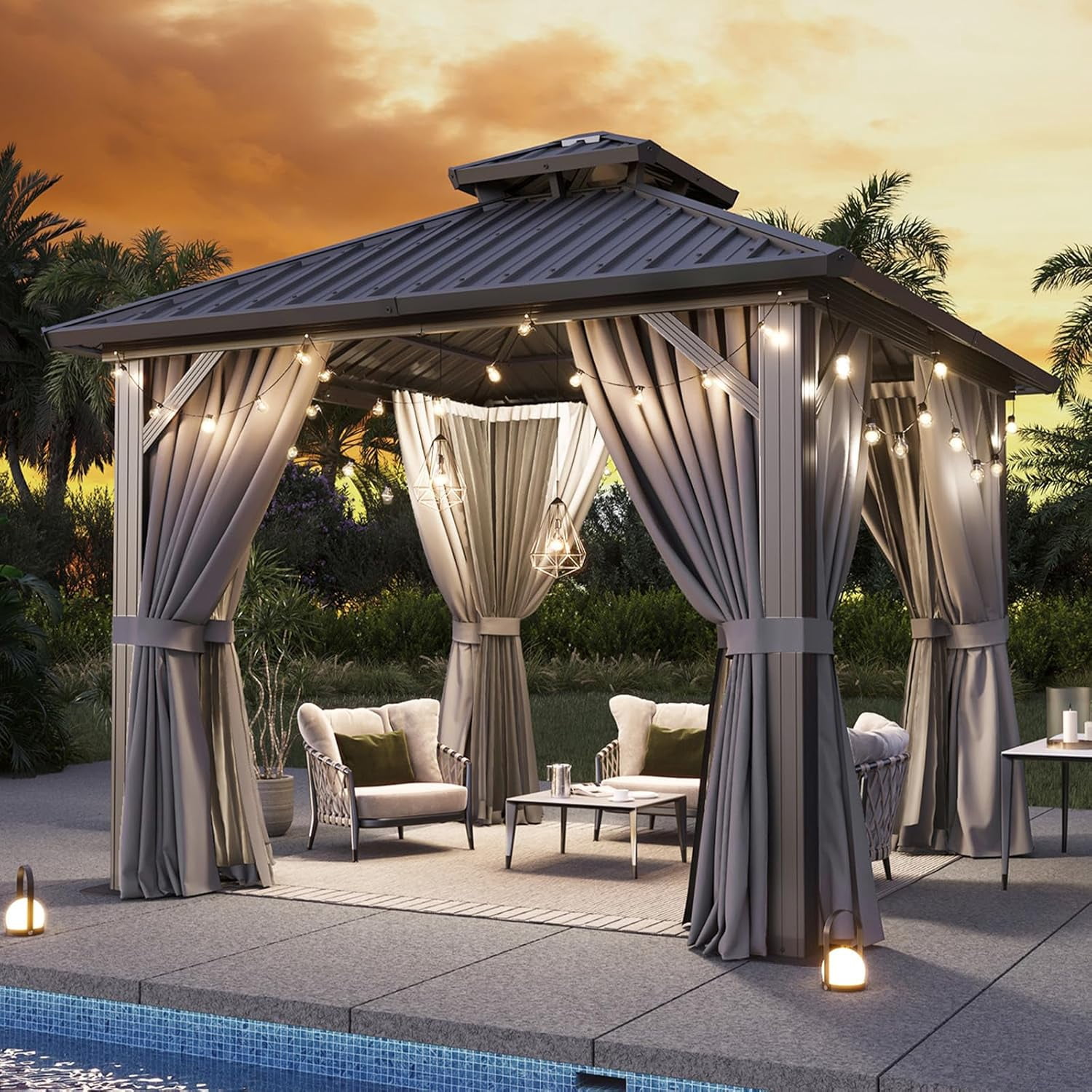 Aoxun 10'x10' Hardtop Gazebo, Aluminum Frame Canopy with Double Galvanized Steel Roof, Outdoor Metal Pavilion with Netting, Curtains for Backyard, Patio and Deck