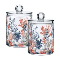 Yayeee 2 Pack Qtip Holder Bathroom Cotton Swab Canister with Lid Clear Dispenser Set, White Sea Plants