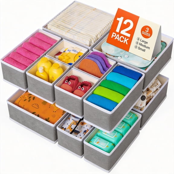 GARITIN Drawer Organizer Clothes, 12 Pack Dresser Organizer Bins for Nursery, Closet Organization and Storage Dividers for Clothing, Underwears, Socks, Grey