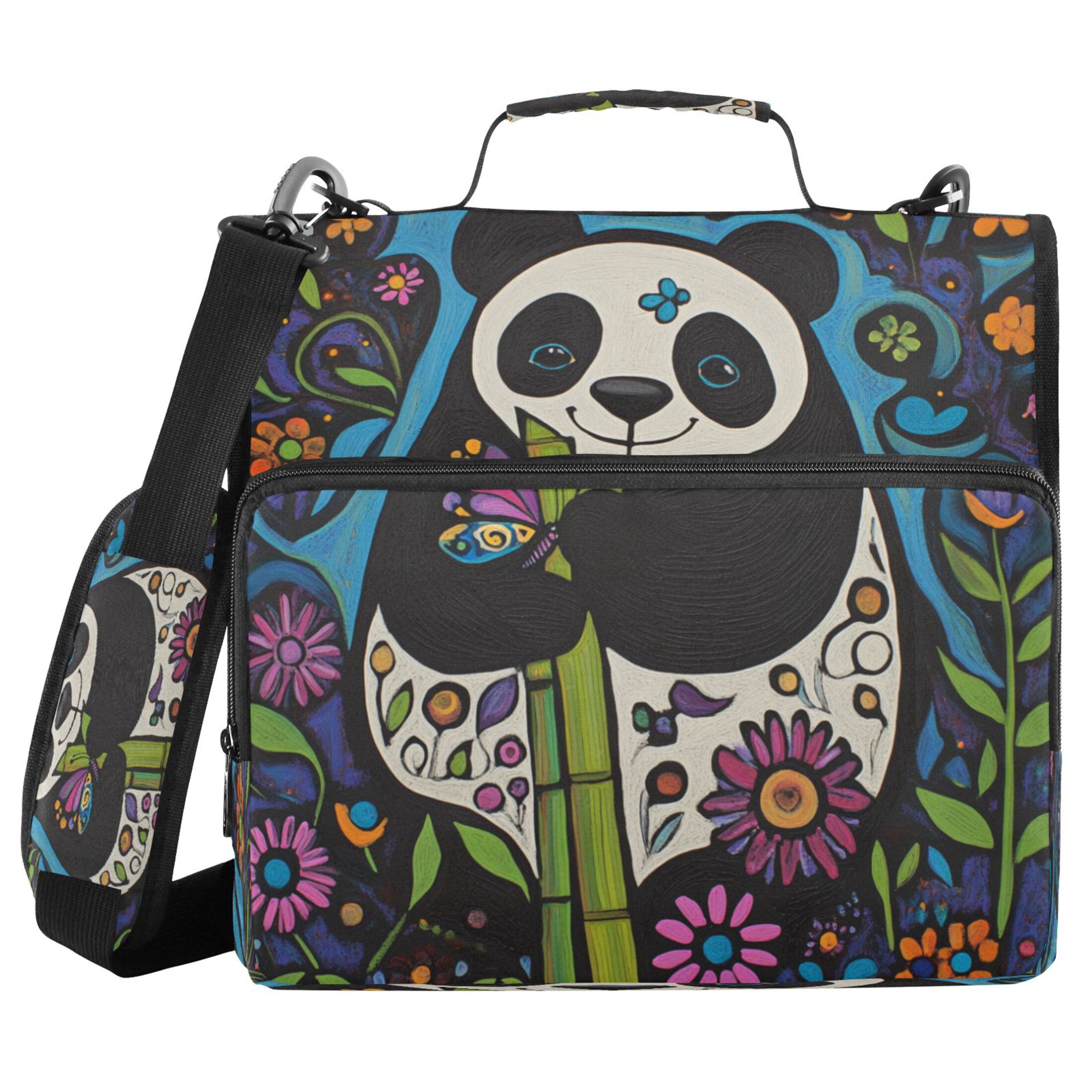 Hand Drawn Panda Stripes Lines Zipper Binder Bag 3 Ring Binder Bag,Large Capacity Durable Binder Organizer Bag