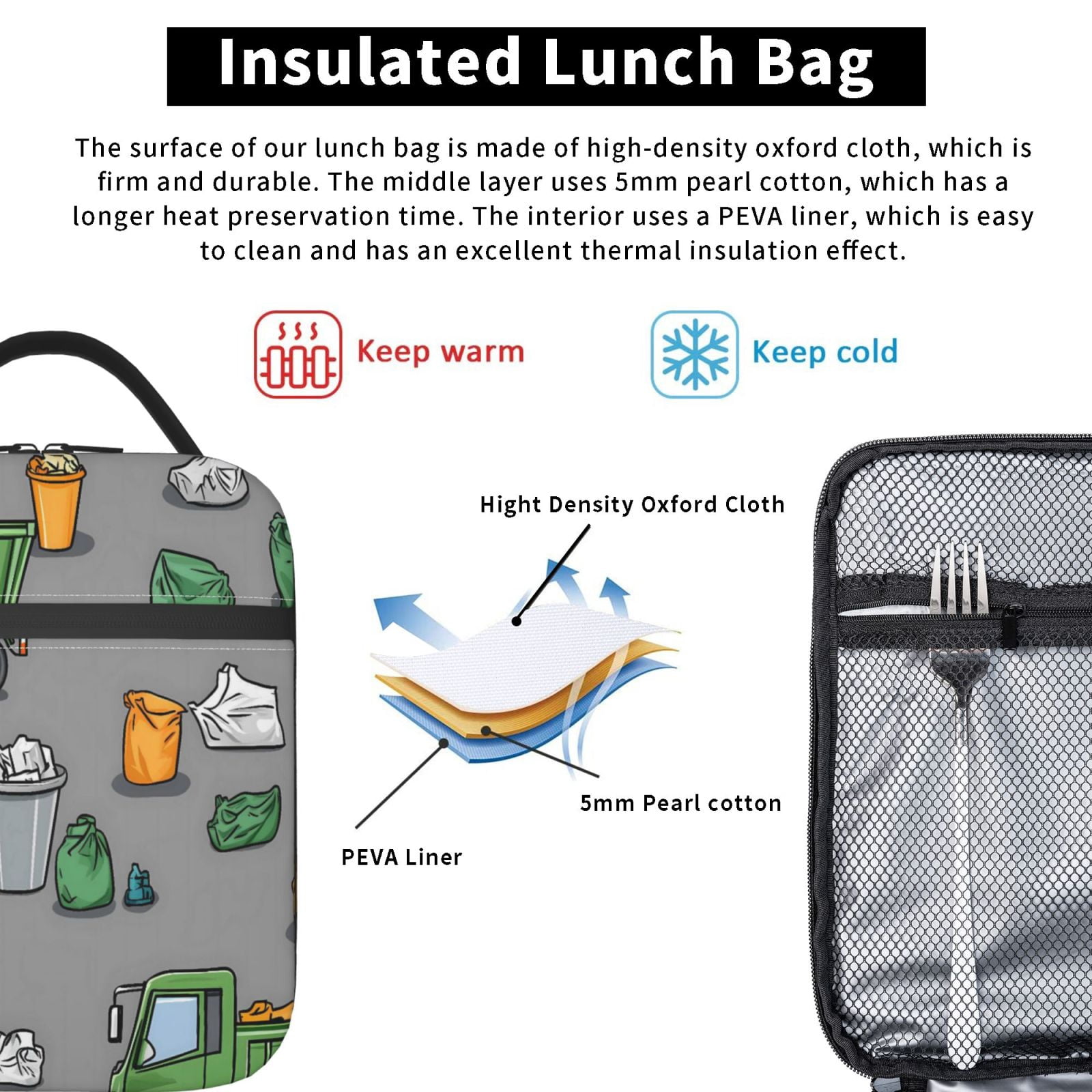 Lunch Bag For Women Men Insulated Portable Lunch Box Bento Box Office Picnic Travel Cooler Bag Garbage Truck