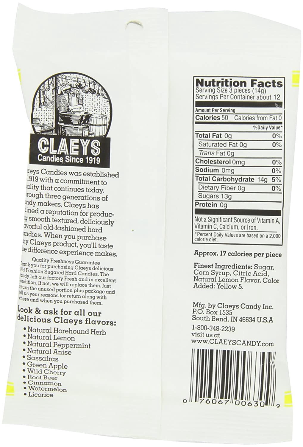 Claeys Candies Lemon Drops - Old Fashioned Hard Candy - 100 Percent Naturally Lemon Flavor - Fat-Free - 6 Ounce - 12-Pack